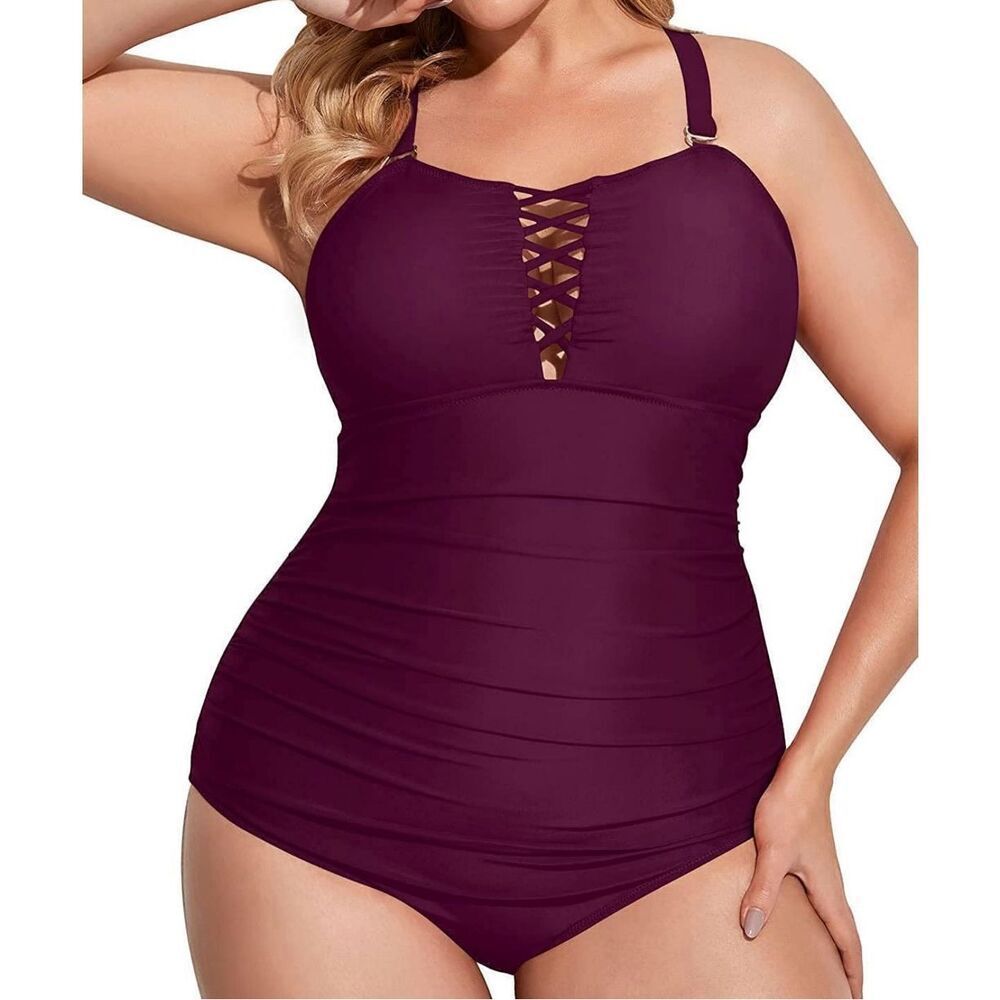 Yonique Women Plus Size One Piece Swimsuits Tummy Control Bathing Suits Vintage - Picture 4 of 5